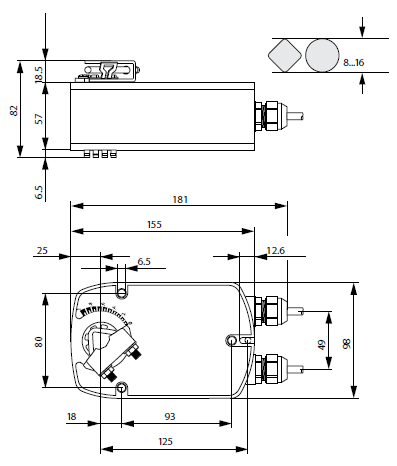 Габаритные размеры электроприводов воздушной заслонки Belimo LF24; LF24-S