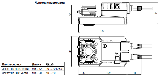Габаритные размеры электроприводов воздушной заслонки Belimo SM230A; SM230A-S